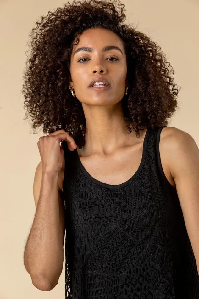 Black Stretch Lace Hanky Hem Vest Top Women Roman Tops