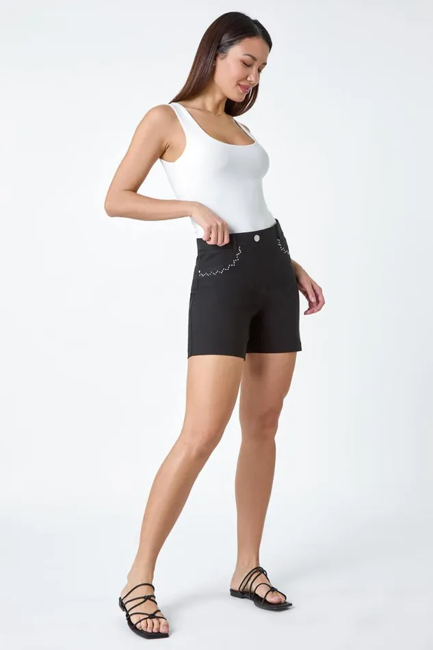 Black Stud Embellished Elastic Waist Stretch Shorts Women Roman Trousers