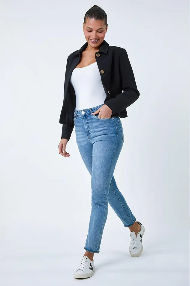 Black Textured Button Detail Jacket Women Roman Occasionwear