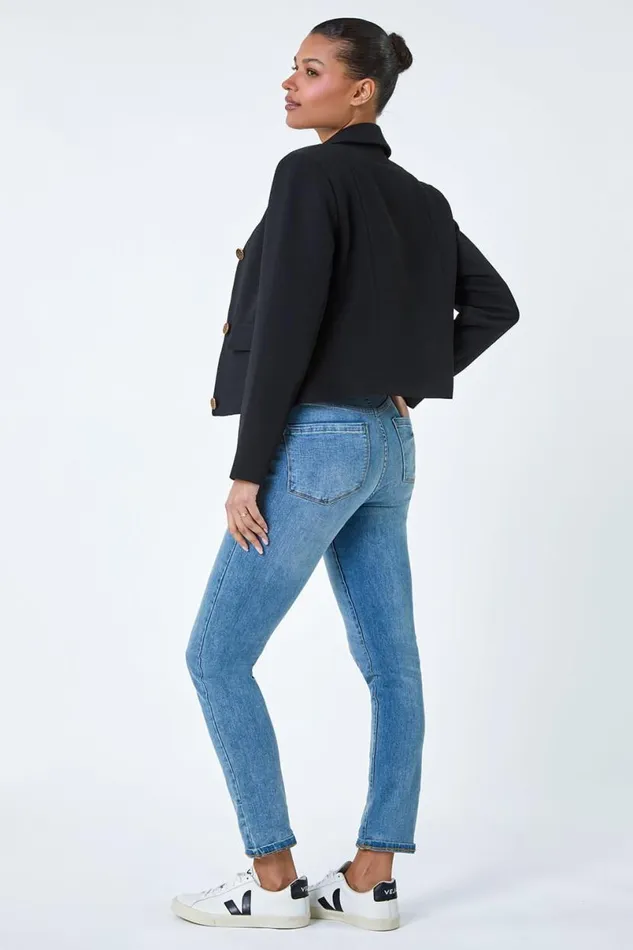 Black Textured Button Detail Jacket Women Roman Occasionwear