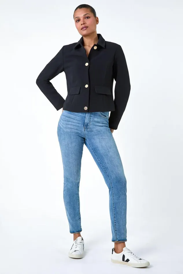 Black Textured Button Detail Jacket Women Roman Occasionwear