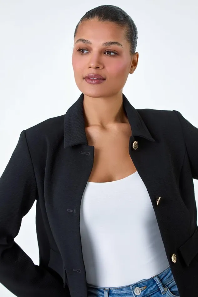 Black Textured Button Detail Jacket Women Roman Occasionwear