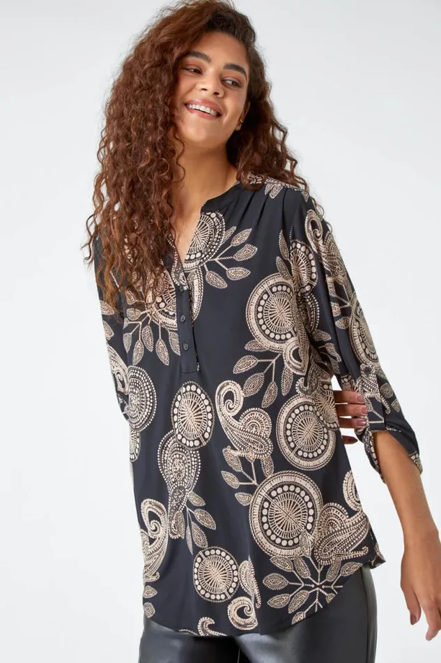 Black Textured Paisley Print Stretch Shirt Women Roman Tops