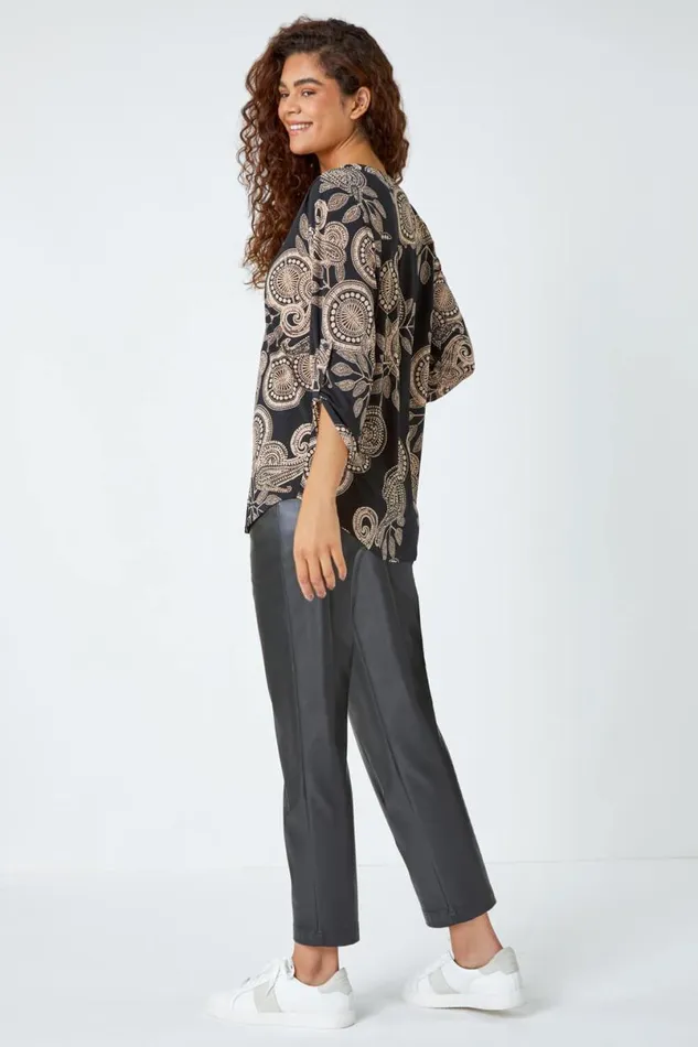 Black Textured Paisley Print Stretch Shirt Women Roman Tops