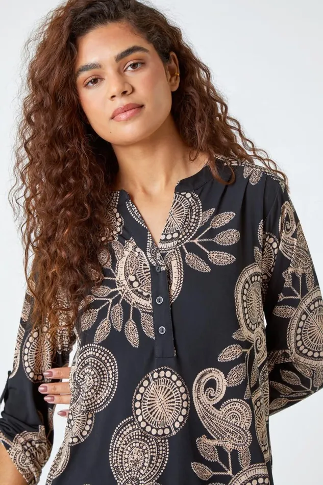 Black Textured Paisley Print Stretch Shirt Women Roman Tops