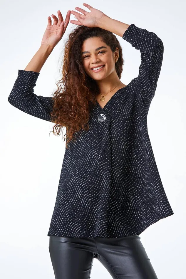 Black VNeck Shimmer Pleat Tunic Top Women Roman Tops