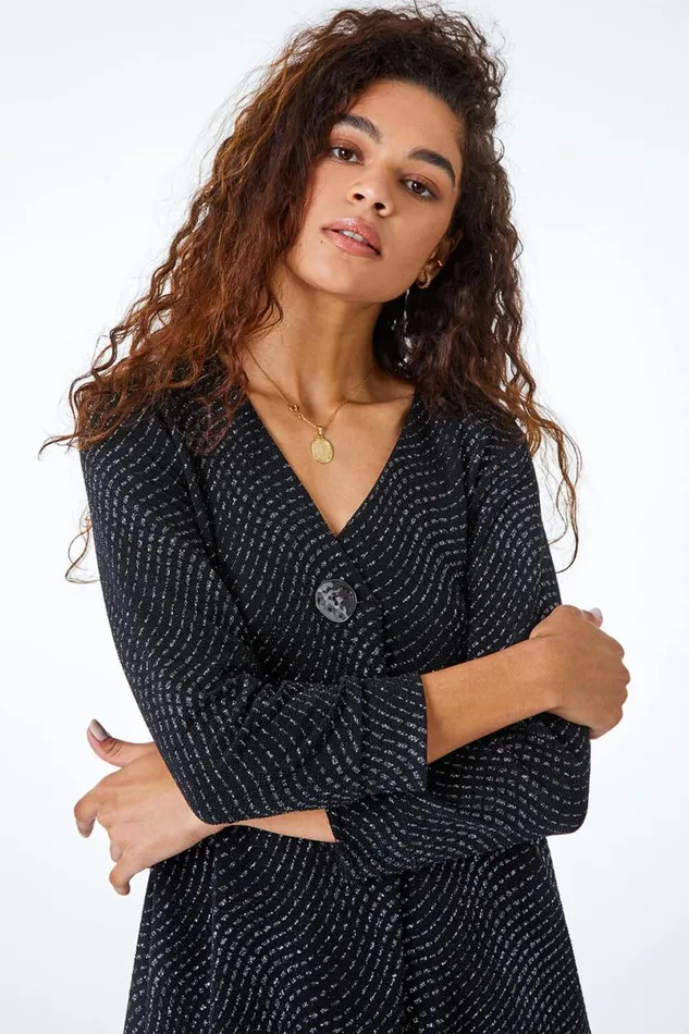 Black VNeck Shimmer Pleat Tunic Top Women Roman Tops