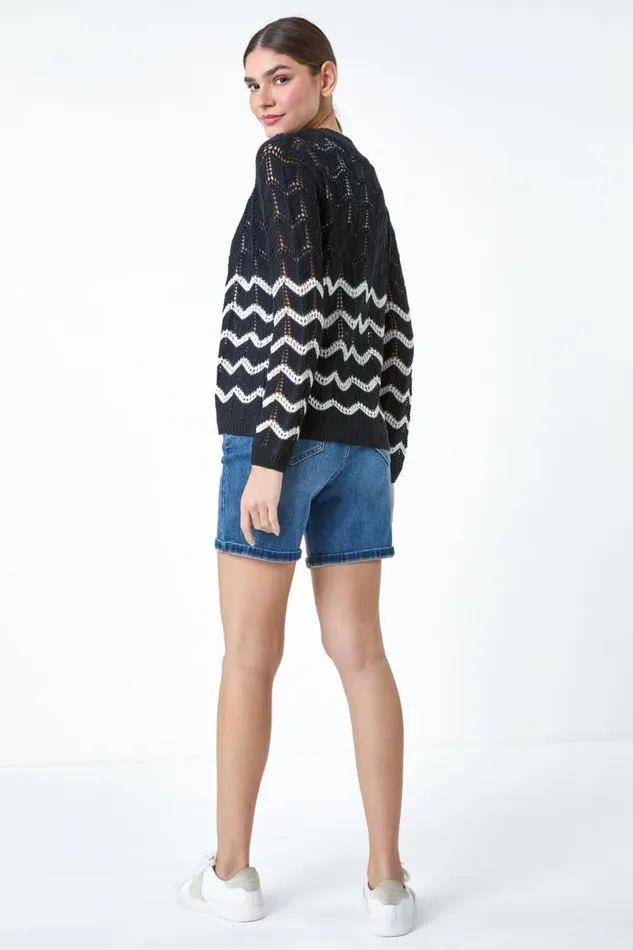Black Wave Pointelle Knit Cardigan Women Roman Knitwear