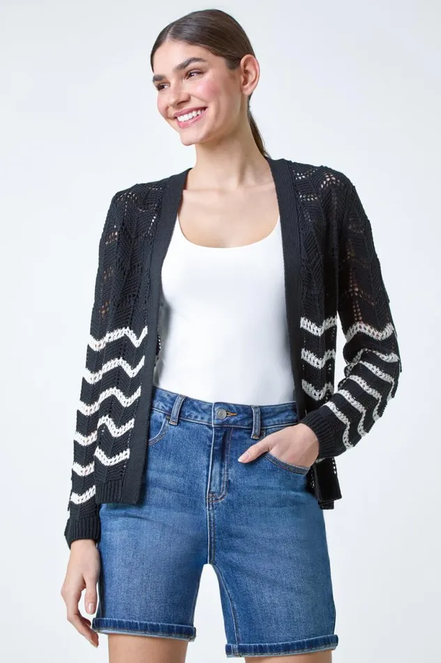Black Wave Pointelle Knit Cardigan Women Roman Knitwear