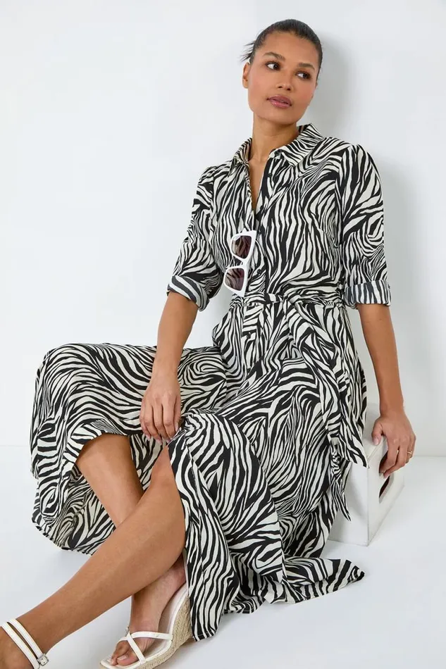 Black Zebra Print Midi Shirt Dress Women Roman Dresses