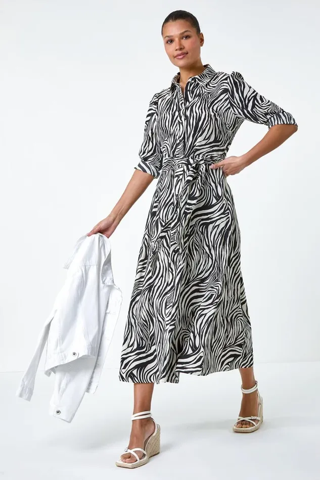 Black Zebra Print Midi Shirt Dress Women Roman Dresses
