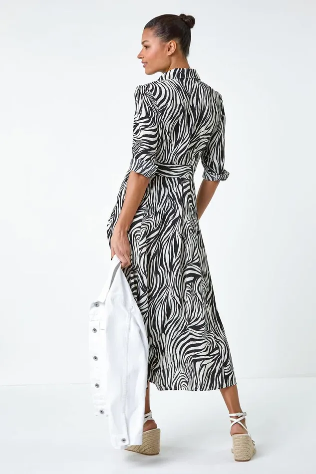 Black Zebra Print Midi Shirt Dress Women Roman Dresses