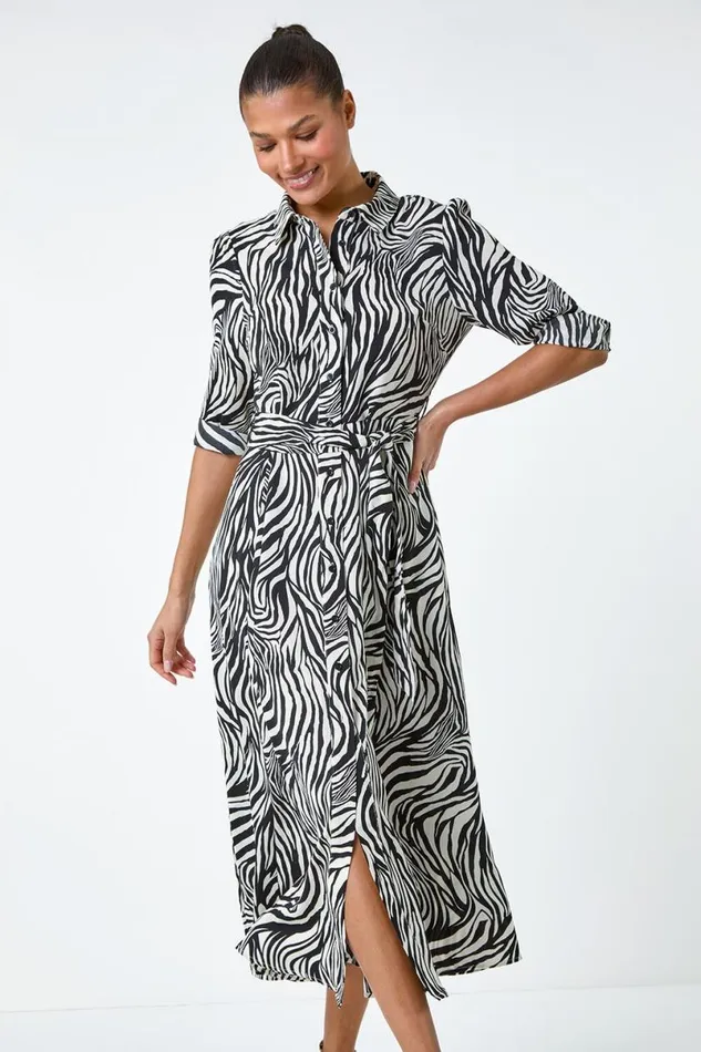Black Zebra Print Midi Shirt Dress Women Roman Dresses