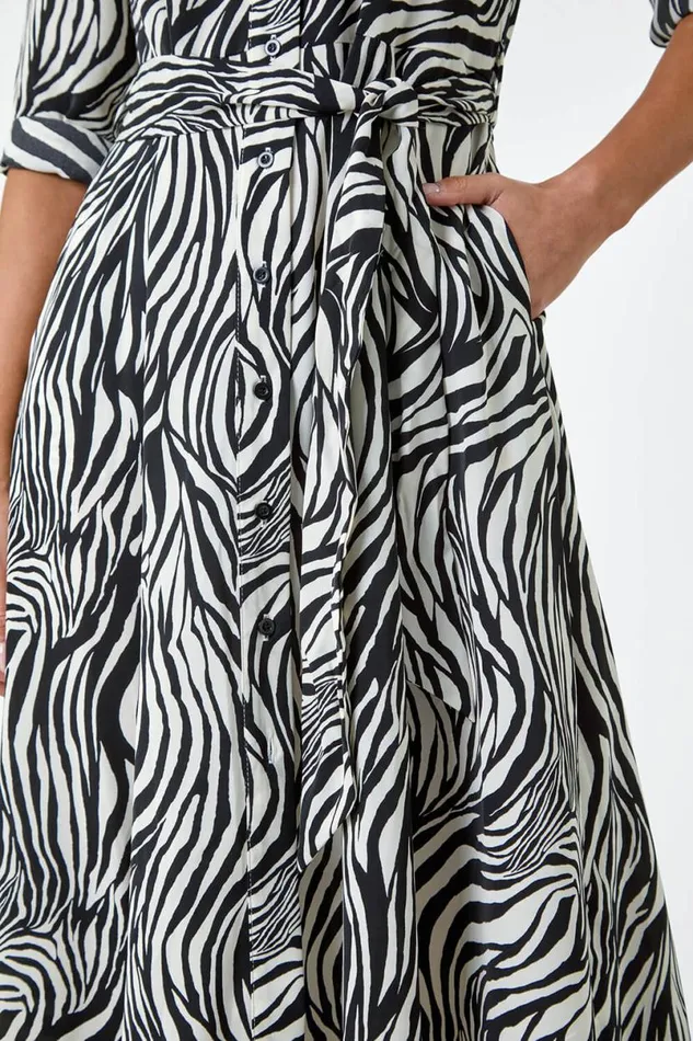 Black Zebra Print Midi Shirt Dress Women Roman Dresses
