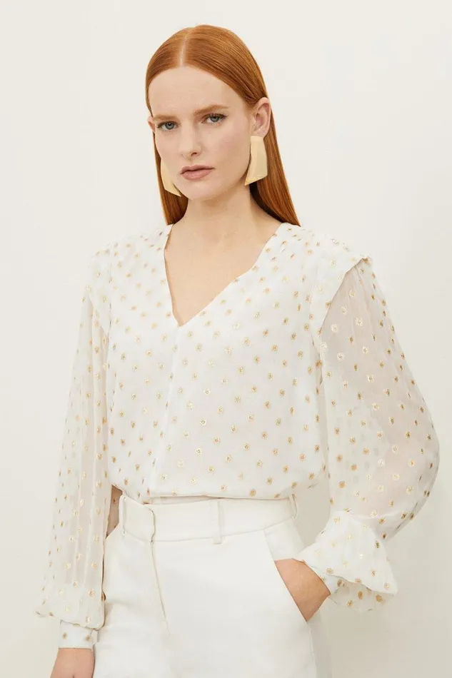 Blouses Women Karen Millen Metallic Viscose Georgette Woven V Neck Blouse Ivory Blouses Women Karen Millen Metallic Viscose Georgette Woven V Neck Blouse Ivory