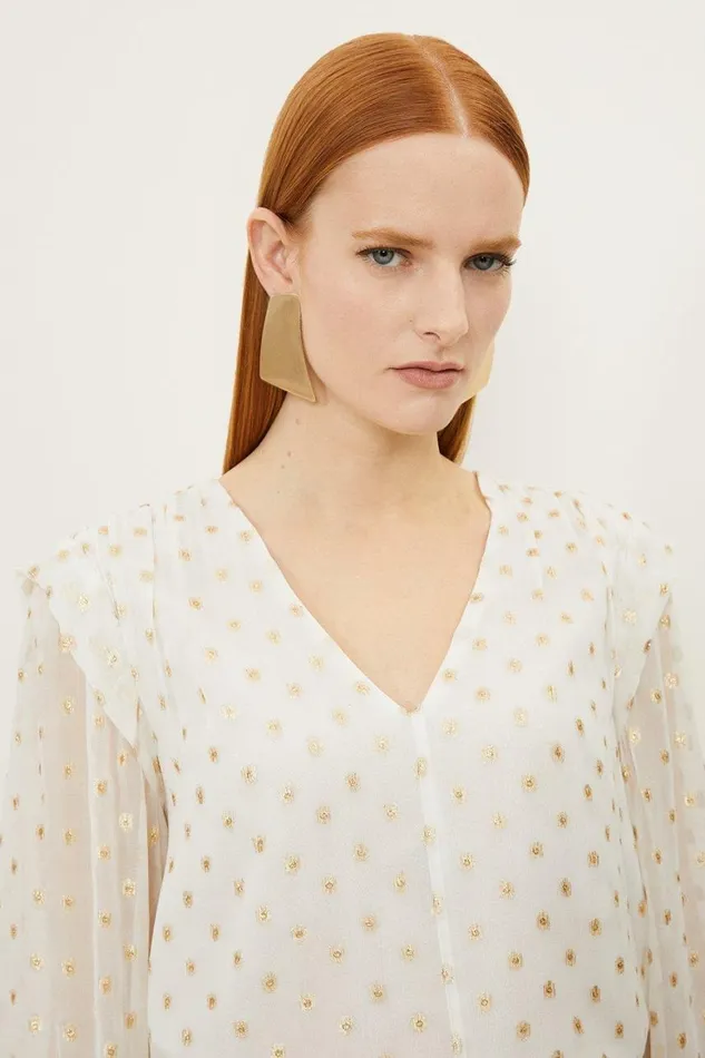 Blouses Women Karen Millen Metallic Viscose Georgette Woven V Neck Blouse Ivory