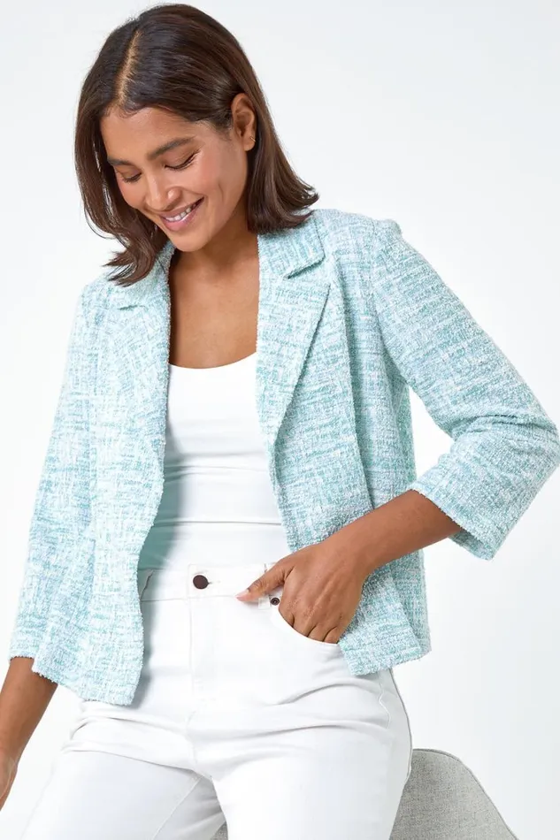 Blue 34 Sleeve Textured Cotton Blend Jacket Women Roman Occasionwear