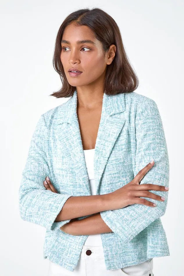 Blue 34 Sleeve Textured Cotton Blend Jacket Women Roman Occasionwear