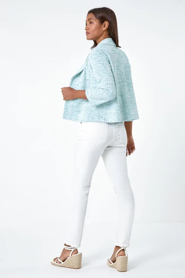 Blue 34 Sleeve Textured Cotton Blend Jacket Women Roman Occasionwear