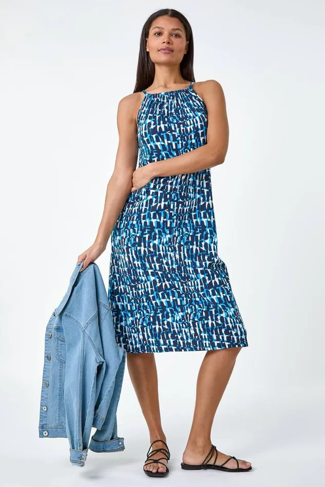 Blue Abstract Print Halter Neck Stretch Dress Women Roman Dresses