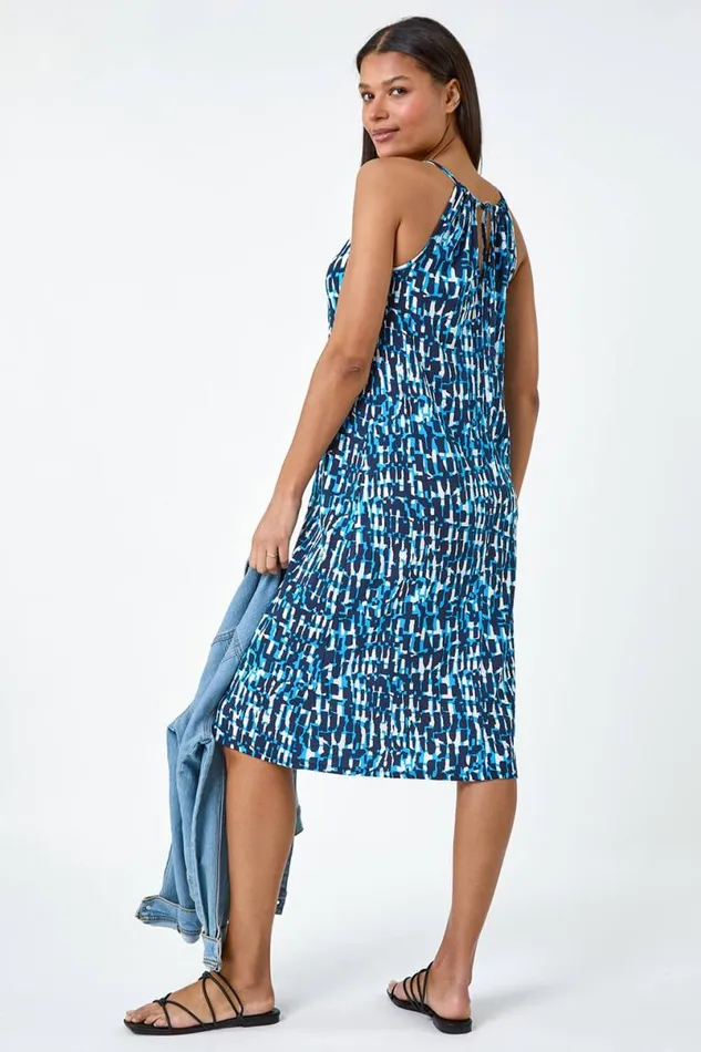Blue Abstract Print Halter Neck Stretch Dress Women Roman Dresses