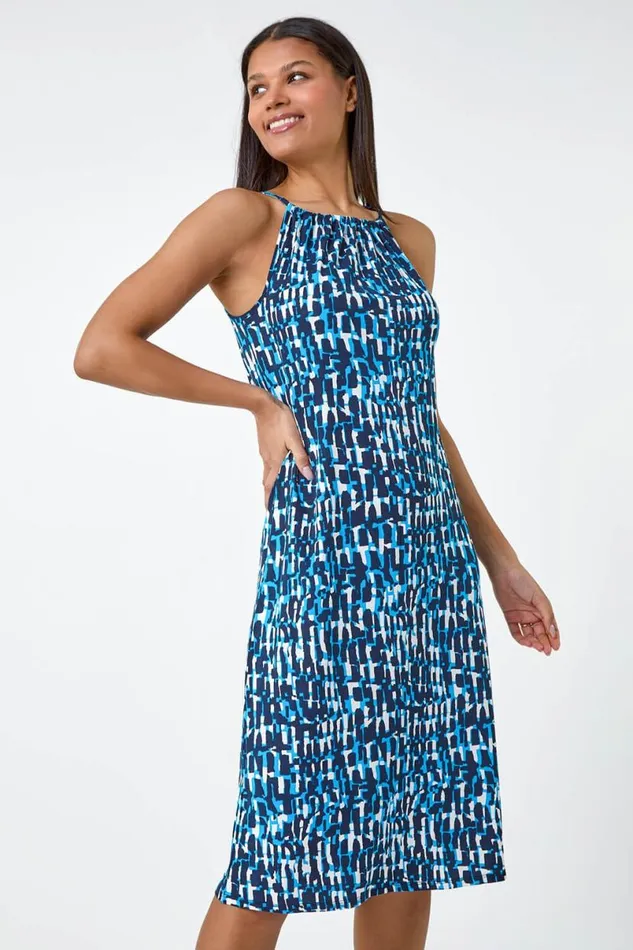 Blue Abstract Print Halter Neck Stretch Dress Women Roman Dresses