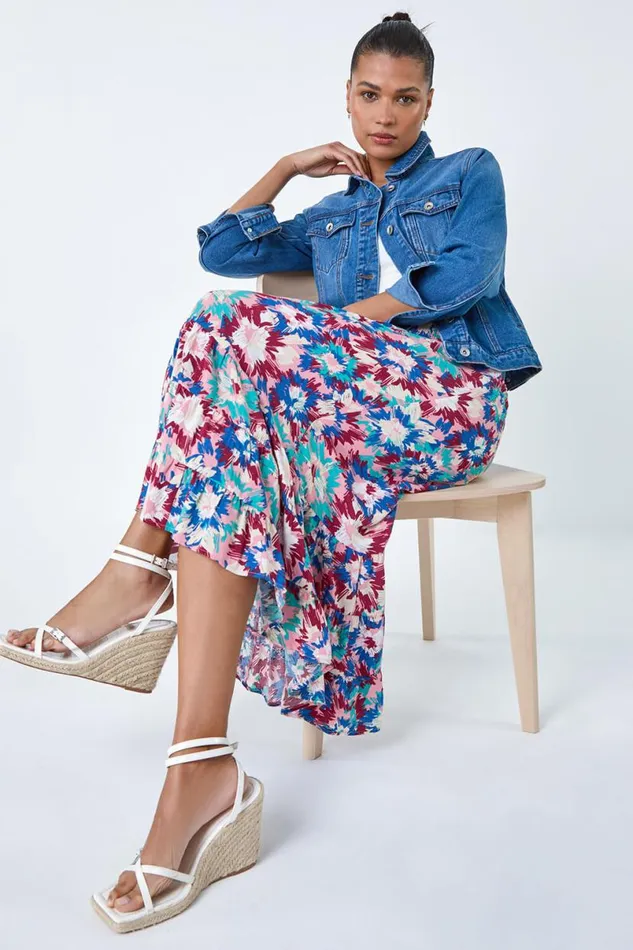 Blue Abstract Print Shirred Multiway Skirt Dress Women Roman Dresses