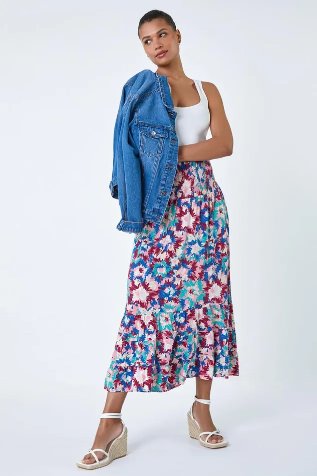 Blue Abstract Print Shirred Multiway Skirt Dress Women Roman Dresses