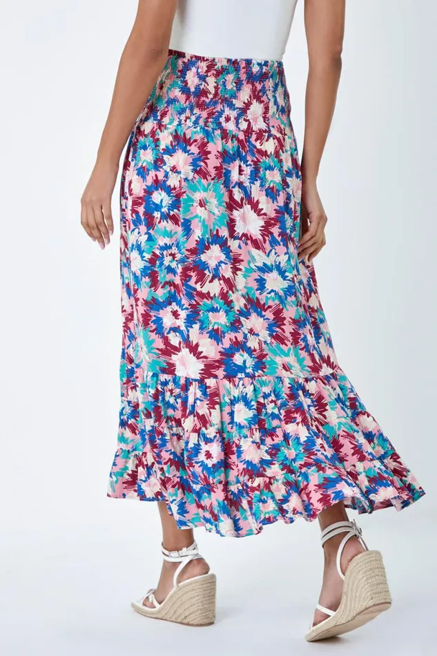 Blue Abstract Print Shirred Multiway Skirt Dress Women Roman Dresses