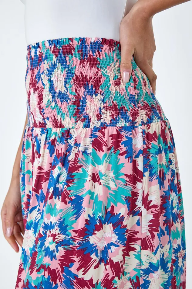 Blue Abstract Print Shirred Multiway Skirt Dress Women Roman Dresses