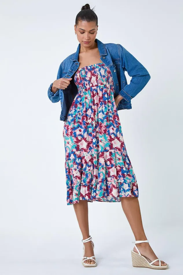 Blue Abstract Print Shirred Multiway Skirt Dress Women Roman Dresses