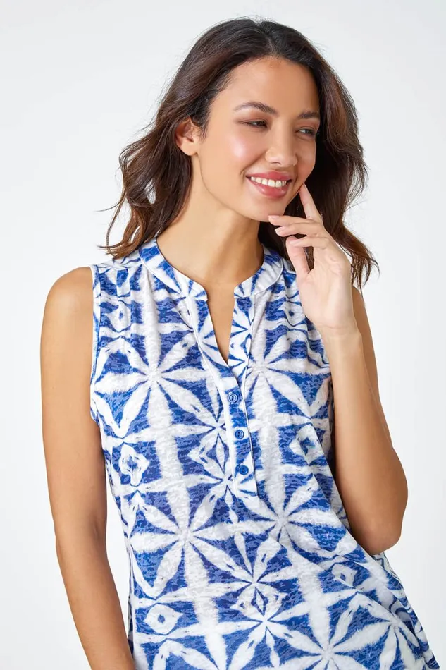 Blue Aztec Burnout Print Sleeveless VNeck Top Women Roman Tops