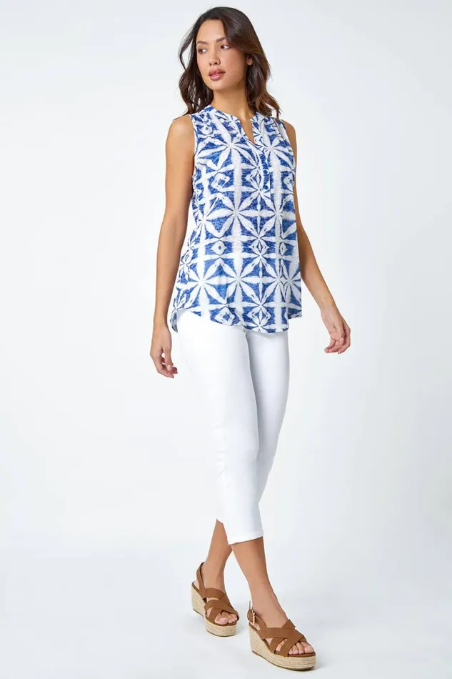 Blue Aztec Burnout Print Sleeveless VNeck Top Women Roman Tops