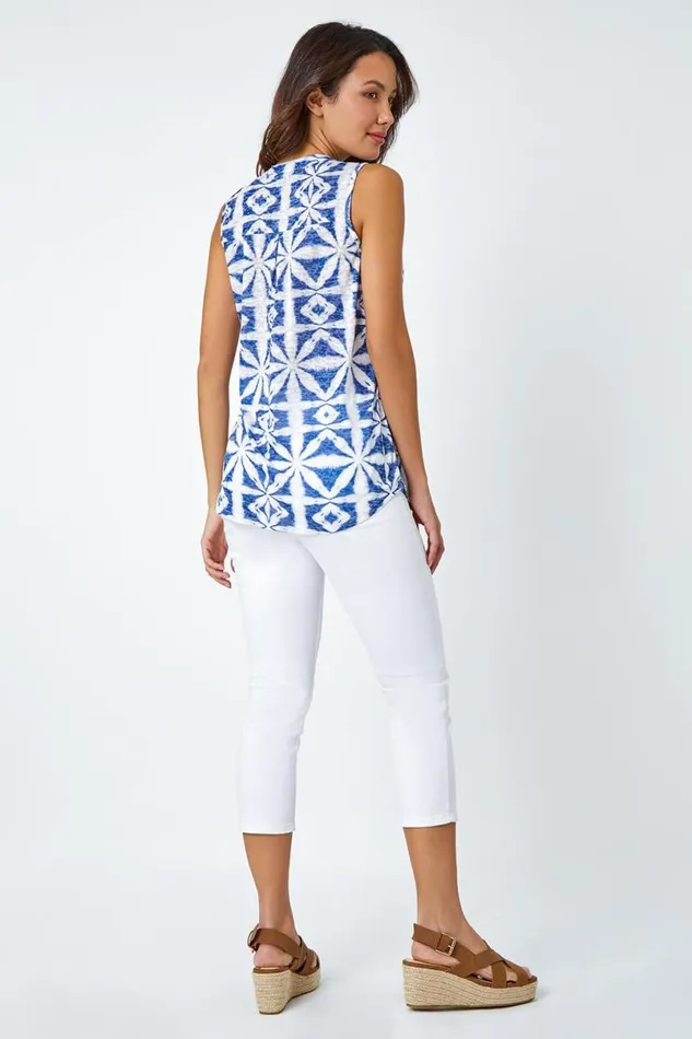 Blue Aztec Burnout Print Sleeveless VNeck Top Women Roman Tops