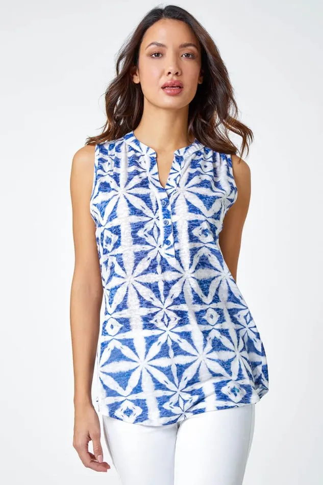 Blue Aztec Burnout Print Sleeveless VNeck Top Women Roman Tops
