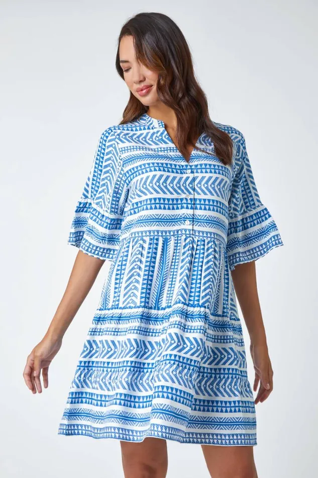 Blue Aztec Print Smock Dress Women Roman Dresses