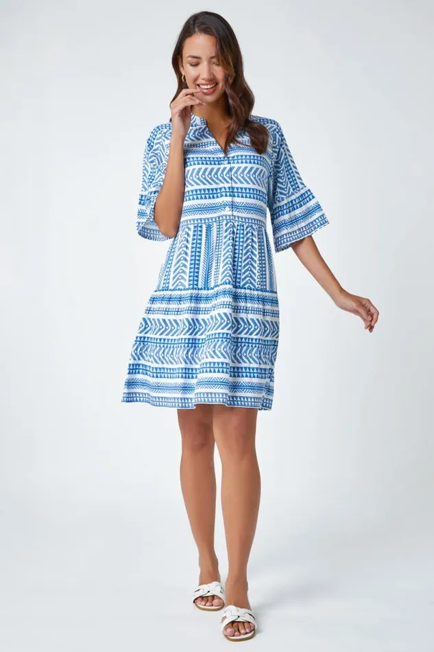 Blue Aztec Print Smock Dress Women Roman Dresses