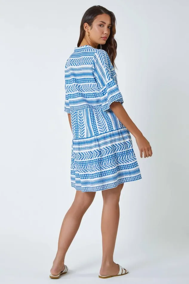 Blue Aztec Print Smock Dress Women Roman Dresses