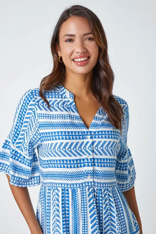 Blue Aztec Print Smock Dress Women Roman Dresses
