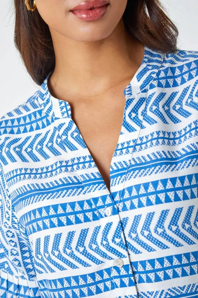 Blue Aztec Print Smock Dress Women Roman Dresses