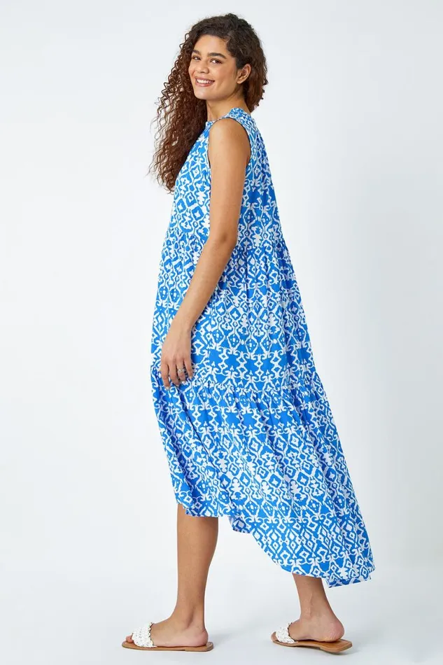 Blue Aztec Tiered Smock Midi Dress Women Roman Dresses