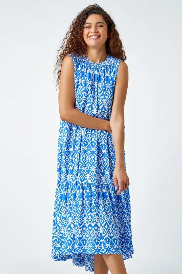 Blue Aztec Tiered Smock Midi Dress Women Roman Dresses