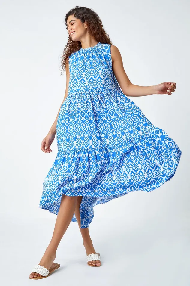 Blue Aztec Tiered Smock Midi Dress Women Roman Dresses