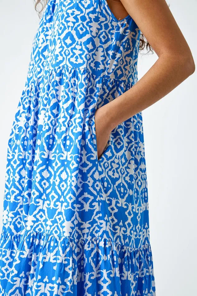 Blue Aztec Tiered Smock Midi Dress Women Roman Dresses