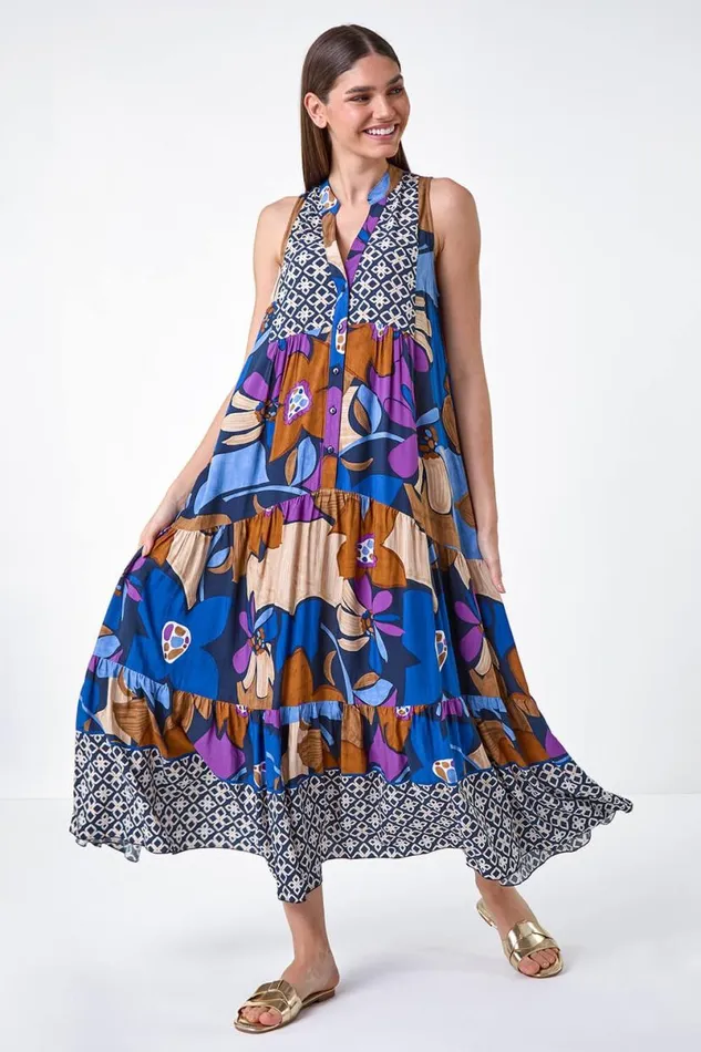 Blue Boho Floral Print Smock Maxi Dress Women Roman Dresses