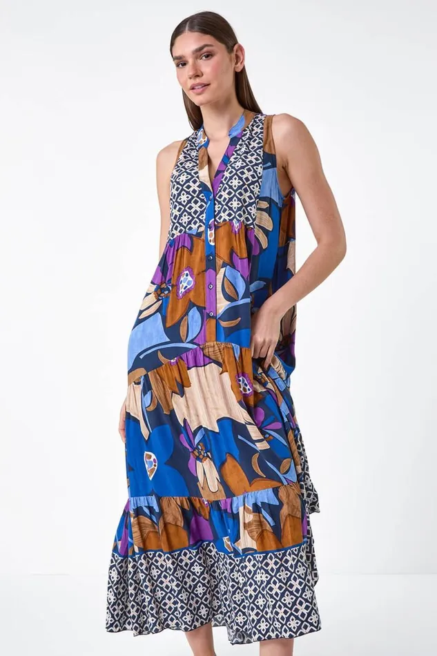 Blue Boho Floral Print Smock Maxi Dress Women Roman Dresses
