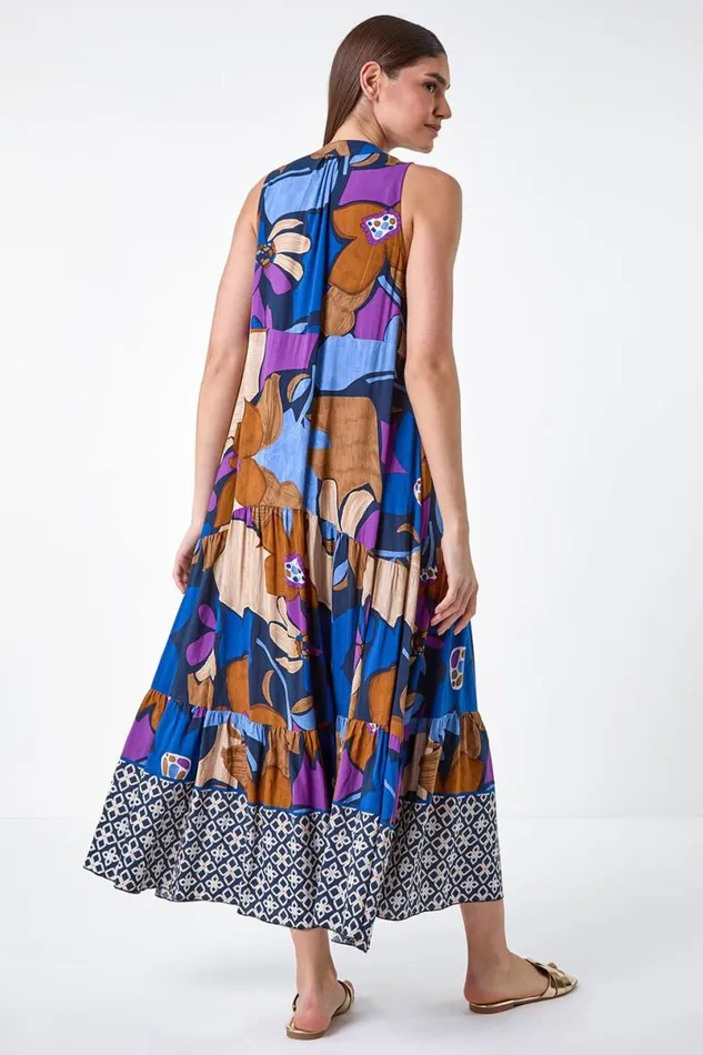 Blue Boho Floral Print Smock Maxi Dress Women Roman Dresses