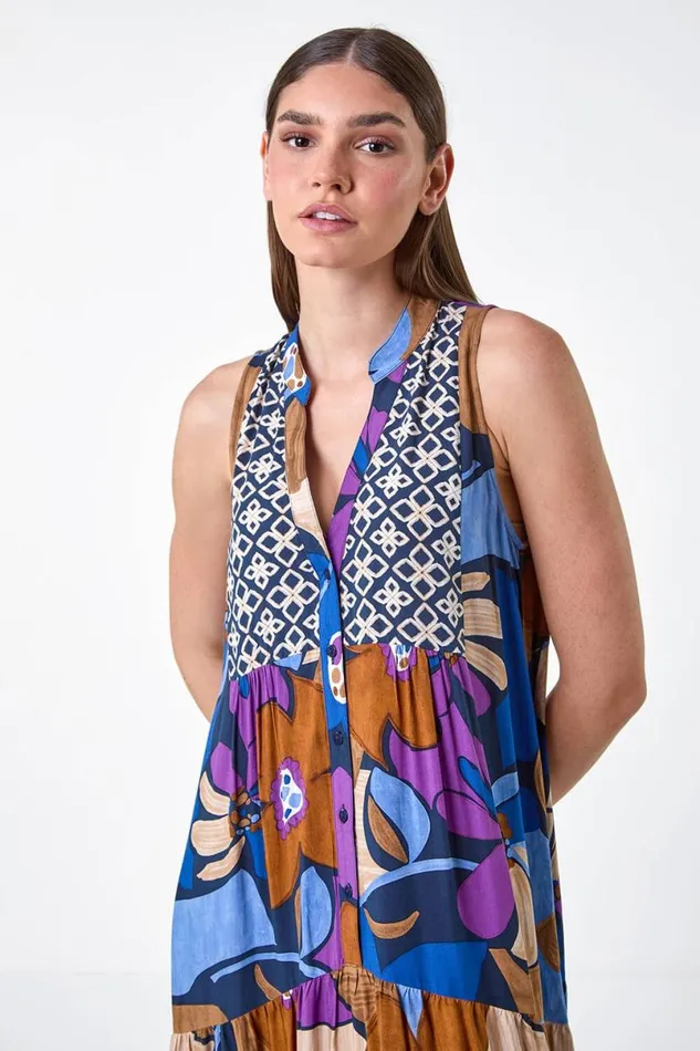 Blue Boho Floral Print Smock Maxi Dress Women Roman Dresses