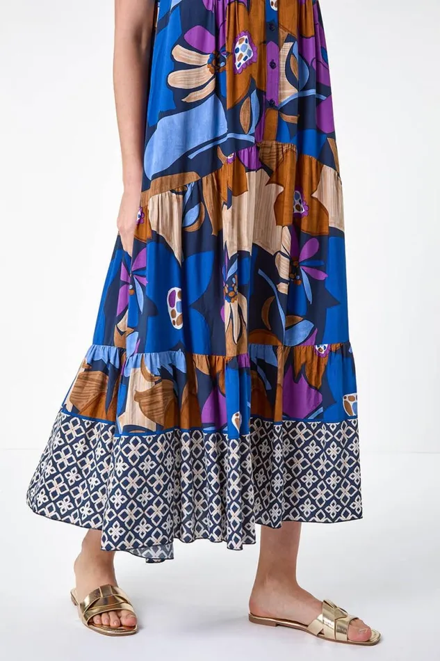Blue Boho Floral Print Smock Maxi Dress Women Roman Dresses