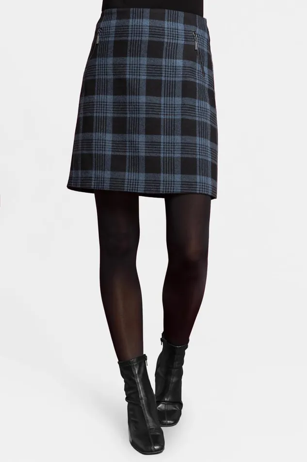 Blue Check Print Zip Pocket A Line Skirt Women Roman Skirts